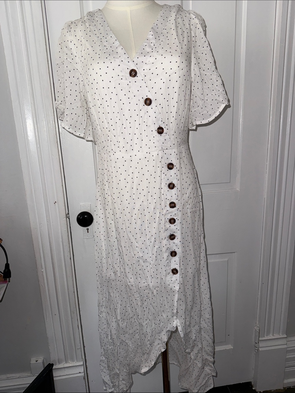 White Polka Dot Wrap-Style Midi Dress with Button Trim